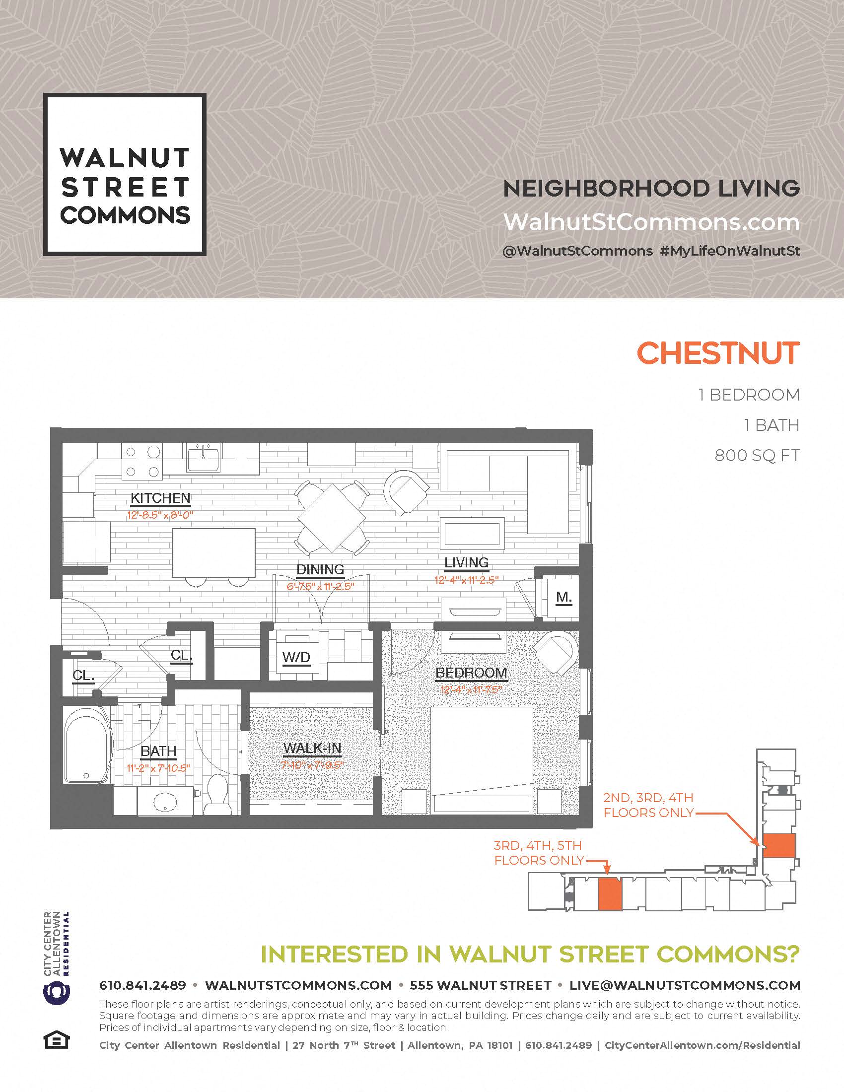 Floor plan for 1 bed, 1 bath, 800 sqft